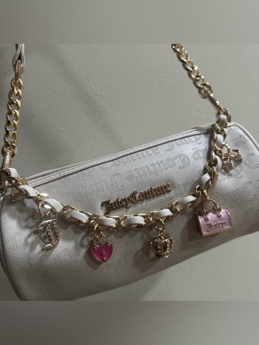 Juicy Couture White Shoulder Bag with Gold Chain and Pink Charms